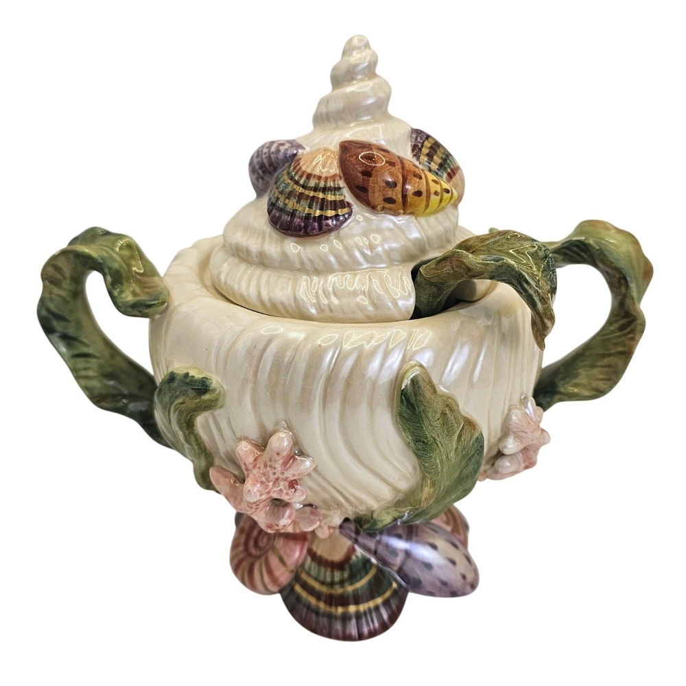 Fitz & Floyd Classics Seashell Covered Sugar Bowl w Spoon Coral Shell Vintage